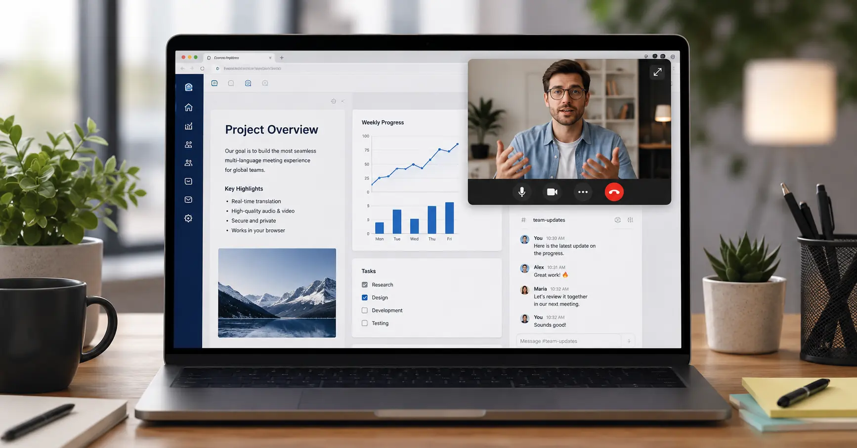 Voicli Bild-im-Bild Videomeeting mit einem Sprecher in einem schwebenden Fenster während der Arbeit in anderen Apps
