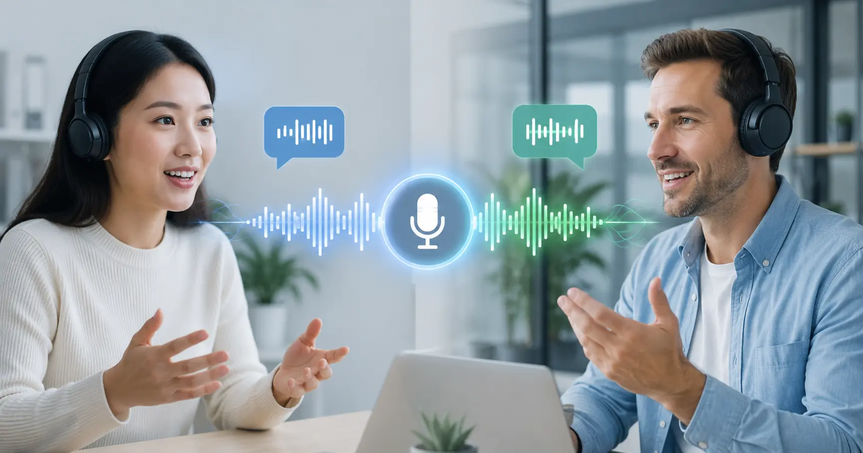 ビデオ通話中に2人の間でリアルタイム音声翻訳が行われている