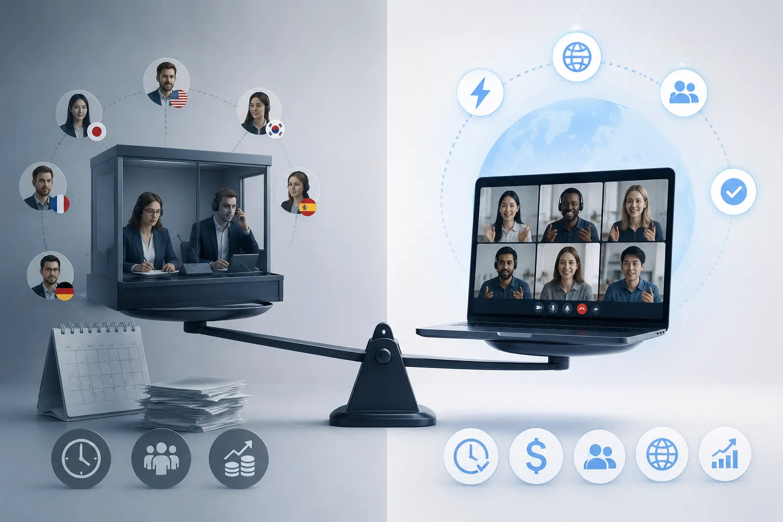 Human simultaneous interpretation vs AI real-time voice translation for multilingual video meetings
