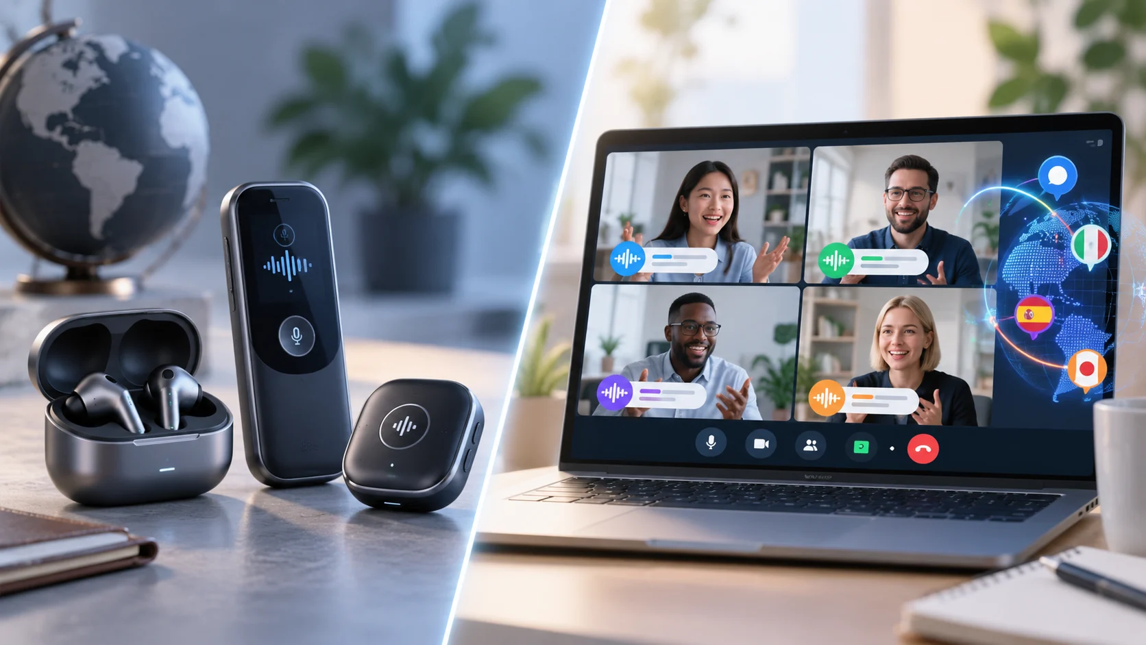 Real-time speech translation comparison showing translation devices and translator earbuds next to a laptop with a multilingual video meeting and live translation.