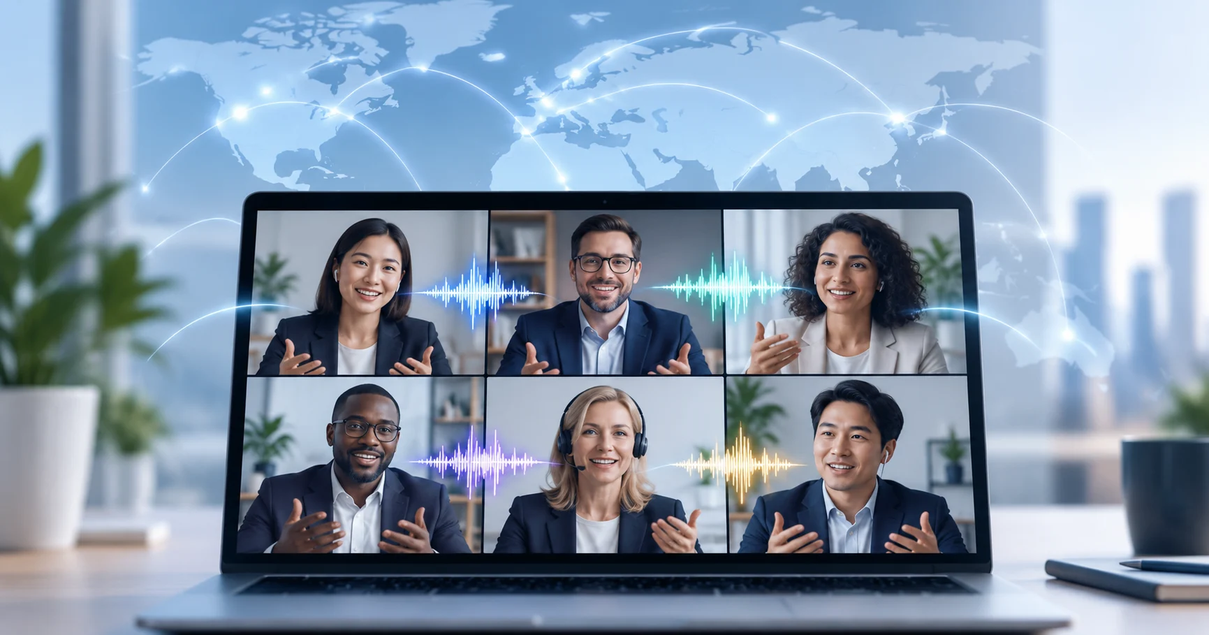 AI-powered conference interpretation connecting multilingual participants in a real-time video meeting