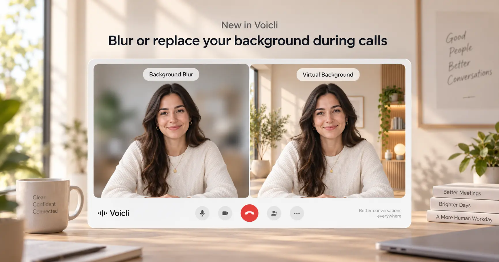 Voicli video call showing background blur and virtual background options